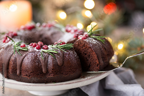 Christmas chocolate bundt cake decorated cranberries photo