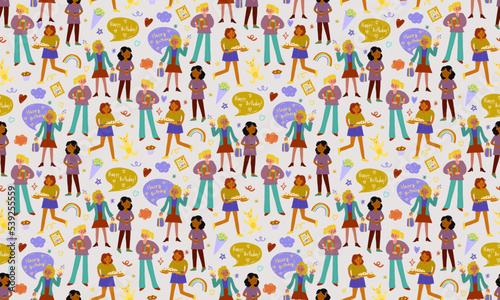 Seamless people celebrating pattern. Holiday women hanging gifts white background. Wrapping or gift paper and kids textile. 