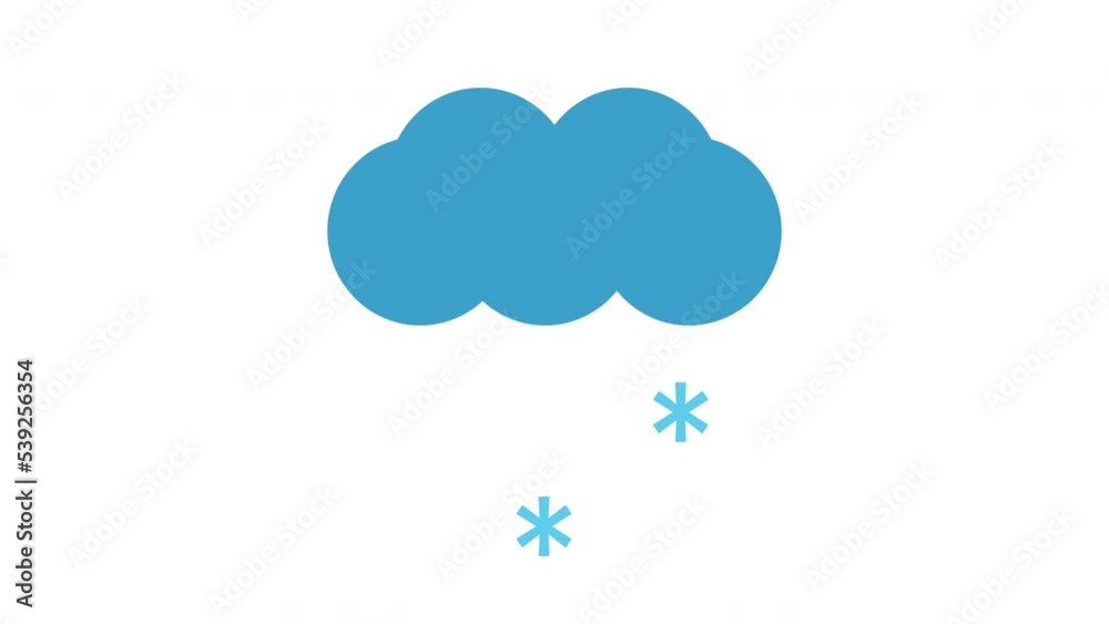 Snow animation. Cartoon animation of a blue cloud moving and falling snowflakes on a white background.