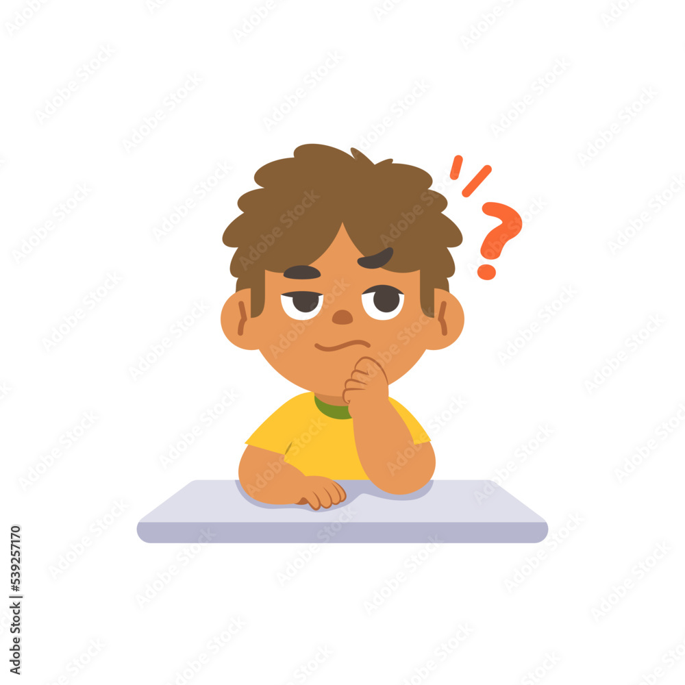A black boy in doubt or have a question on the desk, illustration cartoon character vector design on white background. kid and education concept.