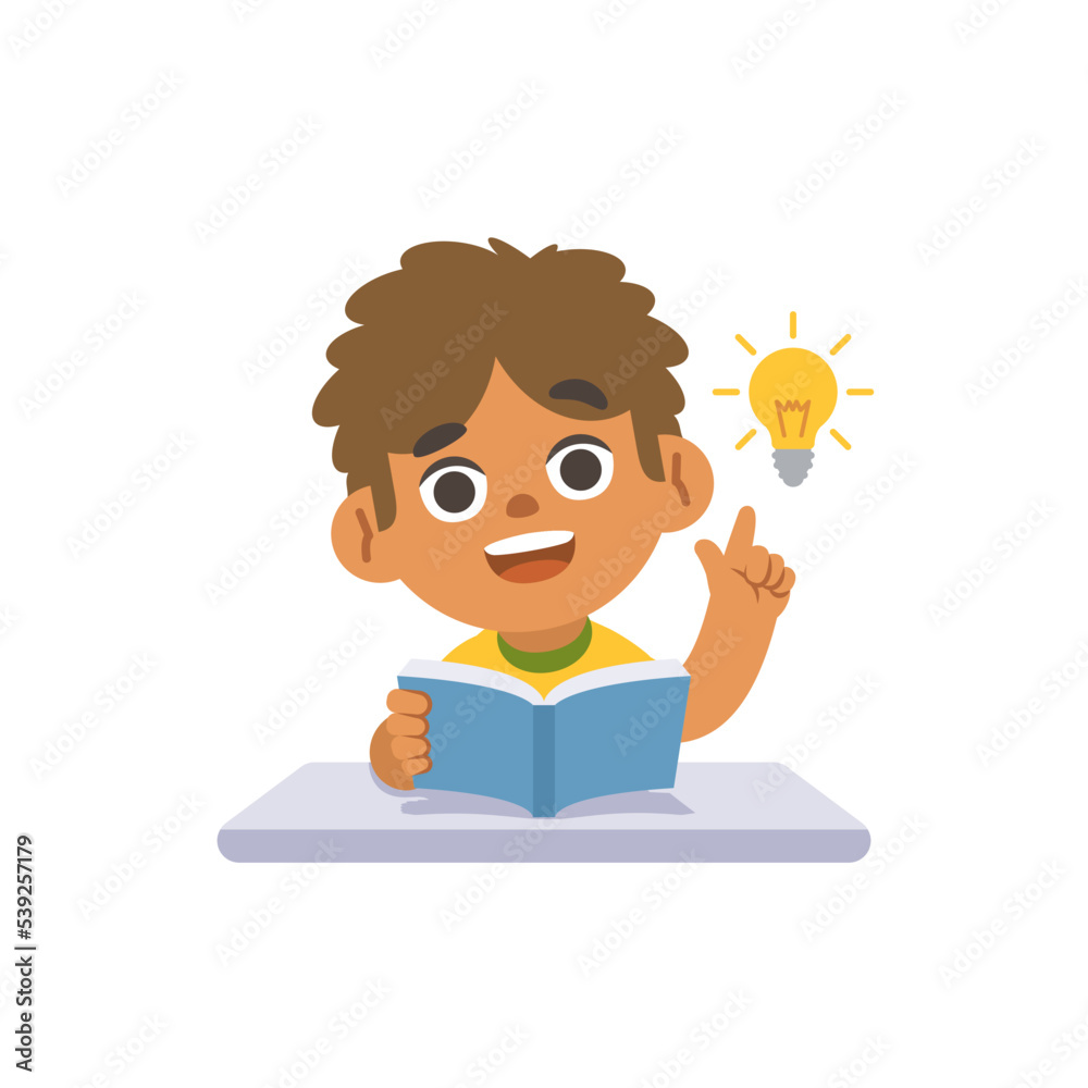A black boy get an idea on the desk with a book and a bulb, illustration cartoon character vector design on white background. kid and education concept.