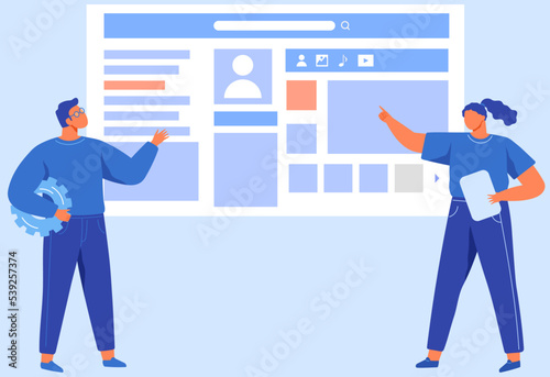 Social network web site surfing concept illustration of young people using profile web interface to be part of online community. Business man and woman communicate at meeting, social media technology