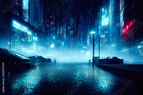 Print op canvas Wet road in rainy street in future cyberpunk city with neon lights