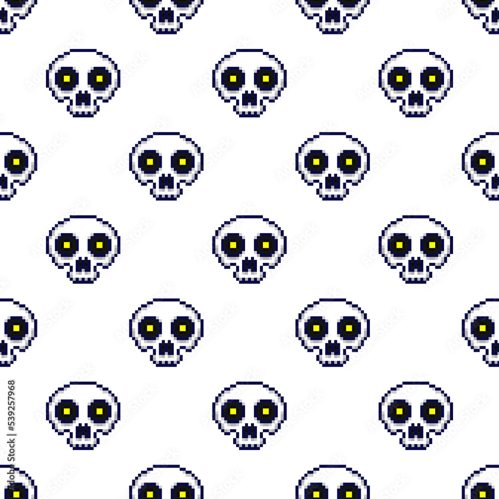 Small pixel skulls isolated on white background. Cute seamless pattern. Vector simple flat graphic illustration. Texture.