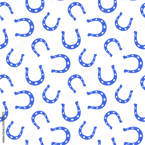 Small blue horseshoe isolated on white background. Cute monochrome seamless pattern. Vector simple flat graphic illustration. Texture.