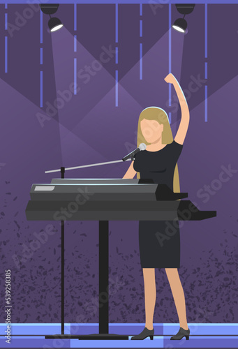 Pianist beautiful woman musician plays musical composition on keyboard, sings on stage. Talented artist member of musical group plays piano modern instrument performs on concert with synthesizer