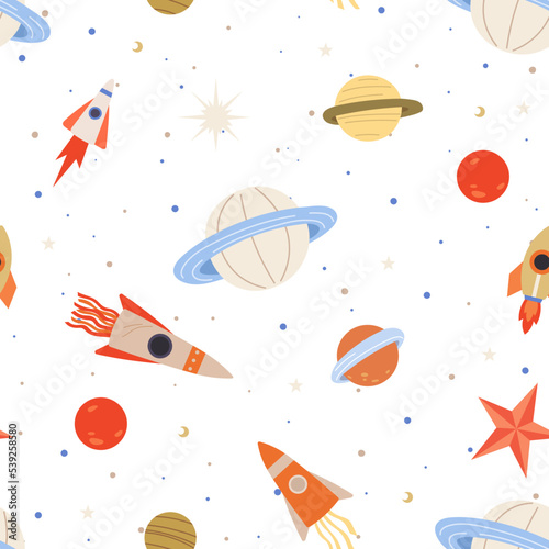 Seamless childish pattern with space elements. Creative background with astronaut flying among rockets and planets. Design of galaxy print for kids abric, wrapping, wallpaper, textile, apparel
