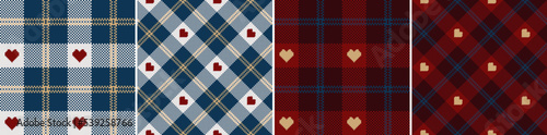 Set check plaid seamless pixel pattern with hearts.