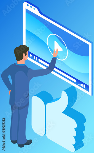 Man interacting with video frame. Youtube video player layout. Businessman launches video conference for online meeting, multimedia appointment. Social media content, modern digital technologies