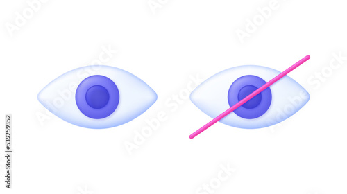 3D See and unsee icons. Hide and show. Invisibility concept. No view. Off and on.