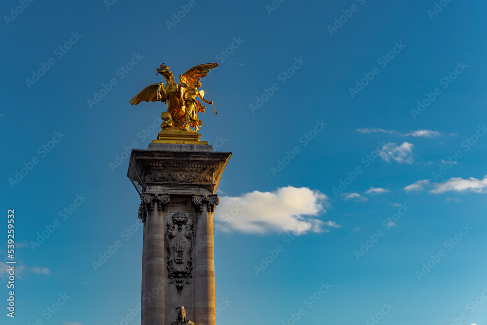 Obraz na płótnie Paryż, Francja, most Aleksandra III nad rzeką Sekwaną, zbliżenie na złotą rzeźbę konia na zdobionym filarze. w salonie