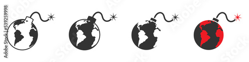 Earth bomb icon set. Earth as a bomb. Apocalypse concept. Vector illustration.