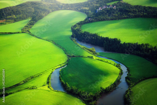 Aerial view of cultivated agricultural farming land with vivid green color with river passing by, digital illustration with matte painting