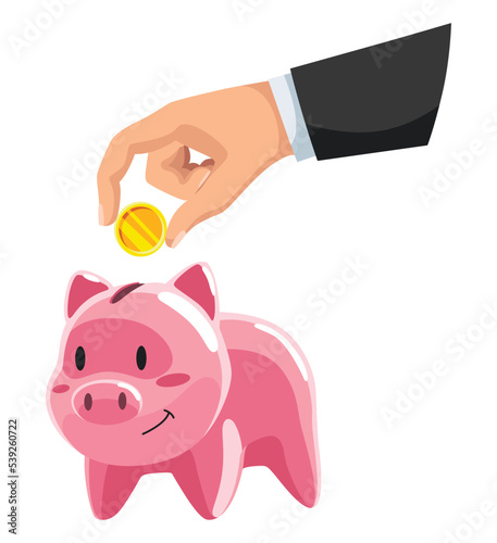 Piggy bank savings and hand with coin. Moneybox in form of pig and coins falling. Crowd funding and savings concept. Accumulation of money or investment