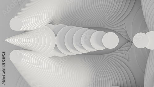 Abstract creative modern parametric white light 3D three-dimensional background.Architectural design. A complex geometric rounded volume cut into many parts forming steps. 3d illustration