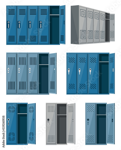Metal cabinets lockers, school changing room steel cupboard. Isolated grey storage boxes with open and closed doors, locks and shelves and vents
