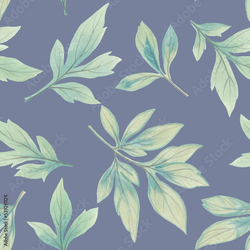 Bright background in a watercolor style for design. Abstract botanical pattern from peony leaves.