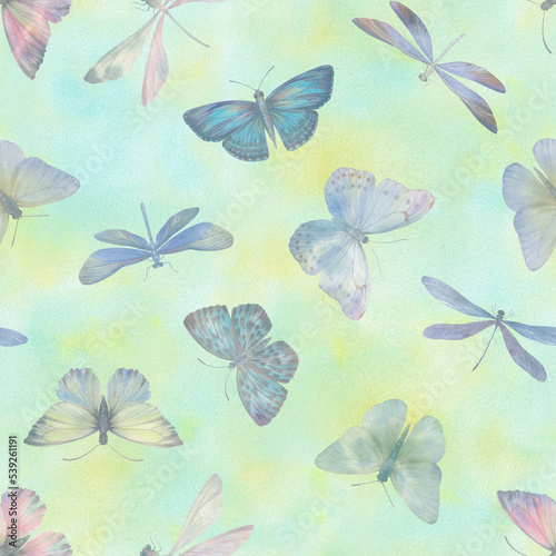 Seamless abstract pattern of butterflies and dragonflies. Botanical ornament for design, wallpaper, print, wrapping paper, scrapbooking. © Sergei
