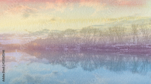 Watercolor background and photograph of a rural landscape with a river.