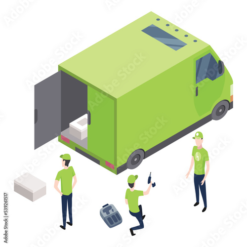 Solar cell installing. Team service working on installation solar cell near his truck. Smart home system for new customer isometric. Ecology energy saving concept for free energy