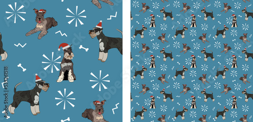 Seamless dog pattern, winter Christmas texture. Square format, t-shirt, poster, packaging, textile, socks, textile, fabric, decoration, wrapping paper. Trendy hand-drawn Miniature Schnauzer dog breed.