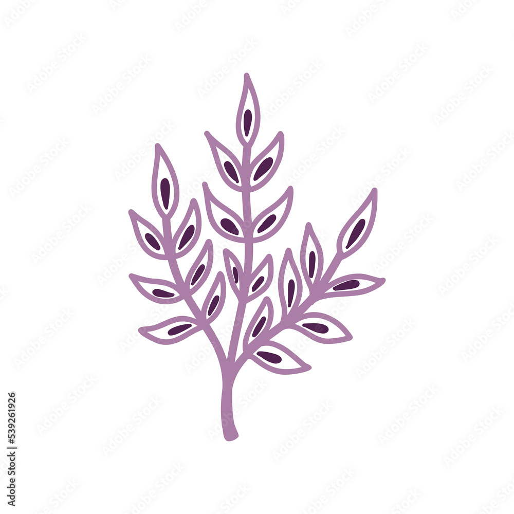 Vector illustration with purple abstract twigs of leaves in a flat handmade style Vector illustration with purple abstract twigs of leaves in a flat handmade style