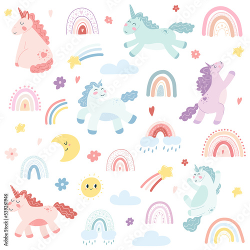 Set of cute unicorns, scandinavian rainbows, moon, stars, sun in cartoon flat style. Vector illustration of baby horse, colorful pony animal for fabric print, apparel, children textile design, card