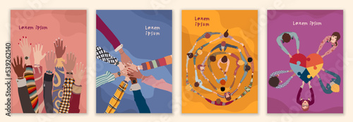 Volunteer multicultural people group concept. Editable set template poster banner leaflet web page.Diversity people in circle top view.NGO. Aid.Help and assistance. Workgroup.Heart puzzle