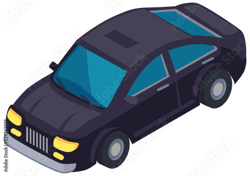 Black family car for driving on road. Transport for traveling and city trips. Flat isometric automobile isolated background. Modern 3d car design transport and equipment, vehicle sedan side view