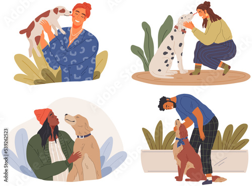 Set of pet owners with dogs. Collection of people playing, hugging, cuddling with animal friends. Men and women spend time with pets. Characters with cute house animals, puppies, human companions