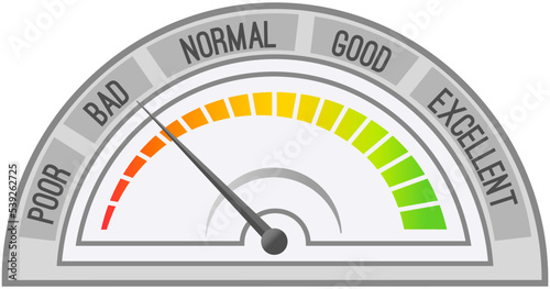 Color scale arrow from red to green and change in indicators bad. Measuring device icon tachometer, speedometer, quality detector. Colorful infographic gauge element from poor to good, speed changes