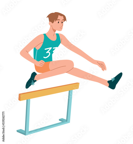 Man jumps over barrier. Young guy shows speed and agility. Training and preparation for competition. Active lifestyle and sports, athletics. Athlete and sportsman. Cartoon flat vector illustration