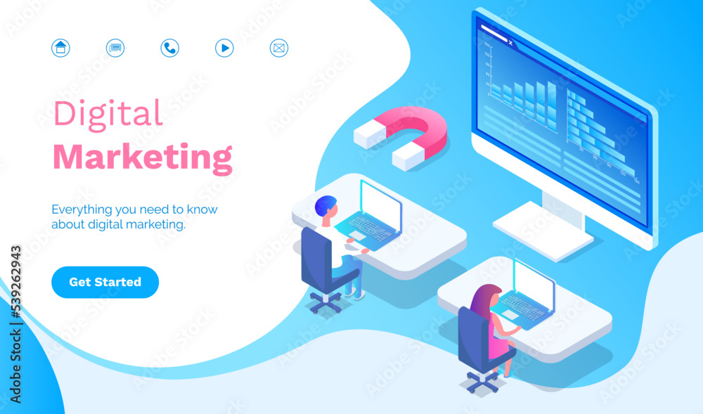 Digital marketing lading page template. Social network and media communication. Online media, target audience, advertising agency. Promotion and SEO. Business analysis, content strategy and management