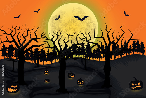 Happy Halloween Night Background. Halloween pumpkins, Graveyard, Spooky trees and Haunted House with Horror Halloween Concept Vector Illustration.