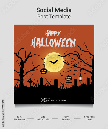 Happy Halloween Social media post template design. Pumpkin with Horror Halloween Concept. Vector illustration for greeting card, invitation, web banner advertising, poster.