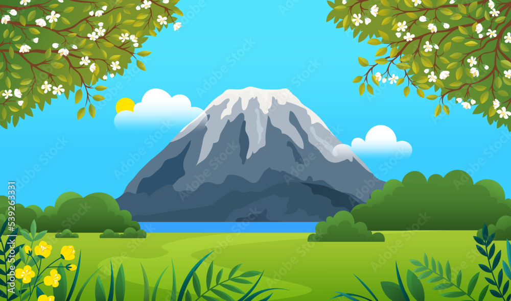 Fototapeta premium Mountains landscape, abstract lilac sunset panoramic view. Mountainside volcanic background. View of mountain with dormant volcano and cloudy sky. Beautiful scenery of nature vector illustration
