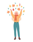 Woman greeting autumn season. Happy woman playing with autumn foliage. Hello autumn. Hand drawn vector illustration