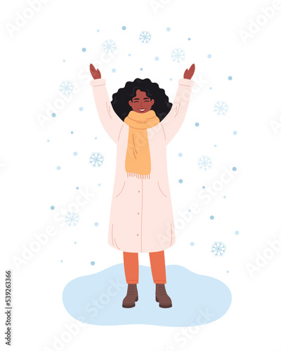 Black woman greeting winter season. Happy woman playing with snowflakes. Hello winter greeting card. Winter time. Hand drawn vector illustration