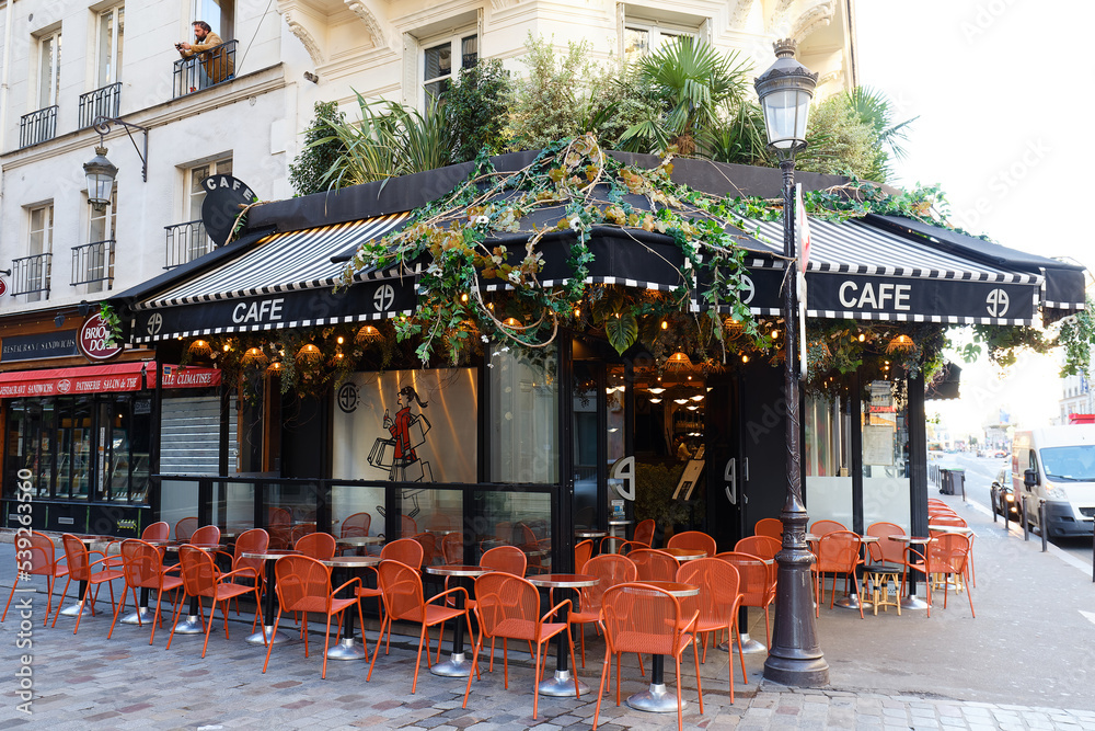 The traditional French restaurant located not far from the Printemps  Haussmann beauty shop in Paris, France. Stock Photo