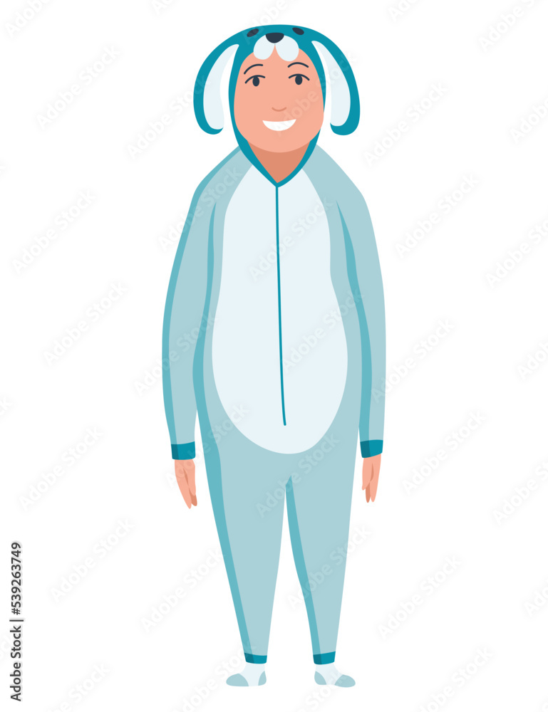 Animal character pajama. Men dressed in onesies. People wearing jumpsuit or kigurumi. Pajama party, person in costume rabbit