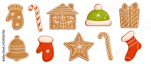 Set of Christmas gingerbread cookies with icing.Cartoon vector graphics.