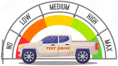 Speedometer and test drive. Trip by car to assess driving performance and general consumer properties. Tachometer with arrow. Speedo with scales and pointers for measurement of speed and kilometers