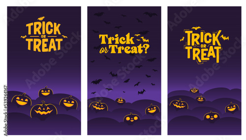 Happy Halloween banners. Vertical design for social media posts. Carved shinning pumpkins. Trick or treat.