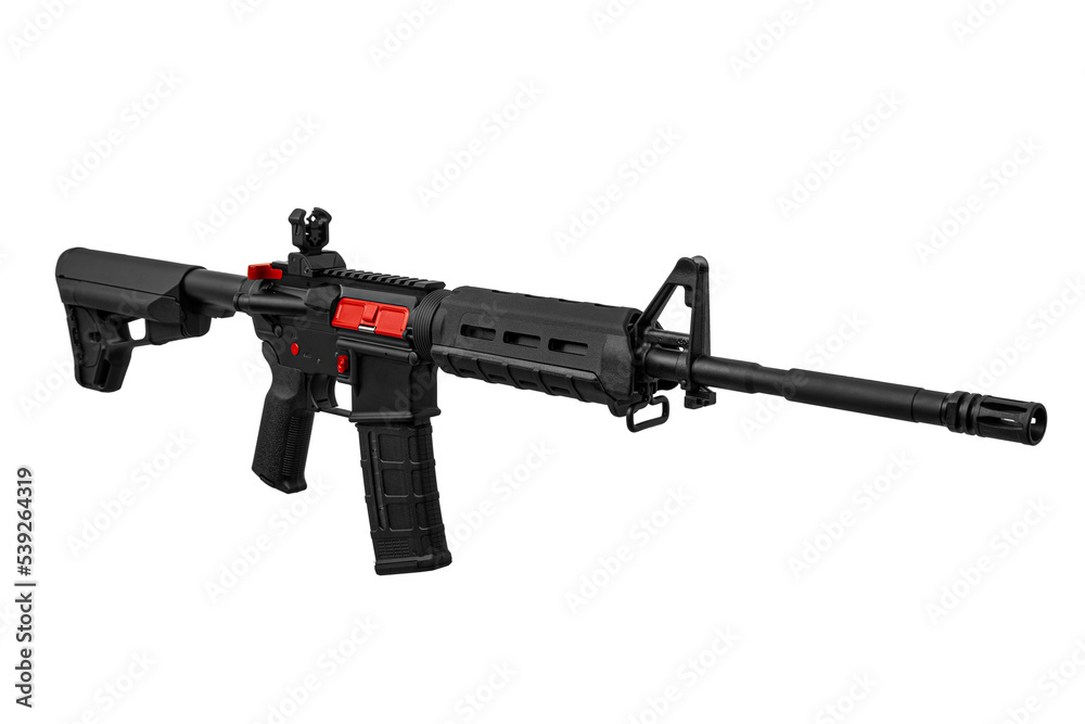 Modern automatic rifle with red elements isolated on white back Modern automatic rifle with red elements isolated on white back