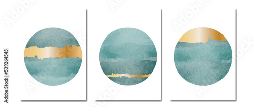 Set of abstract circles in blue with blue, waves with golden details. Hand painted for wall decoration, postcard, social media banner background. Modern abstract painting. vector pattern photo