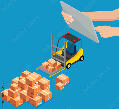 Operator controls forklift with computer, machine lifts boxes on special device, carries cardboard box. Loading, unloading packages. Industrial truck, storage warehouse equipment, delivery service