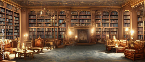 Illustration of a beautiful large library with wooden shelves, old books and arm chairs