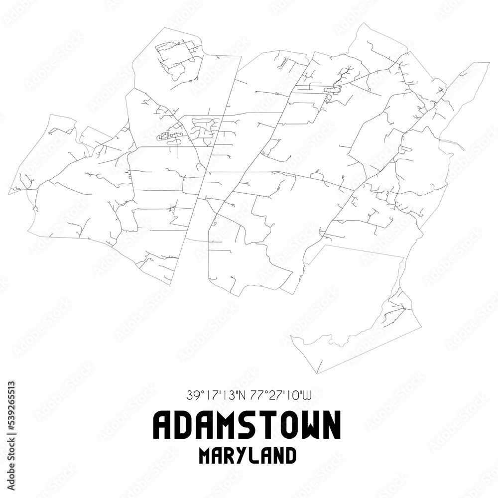 Adamstown Maryland. US street map with black and white lines.
