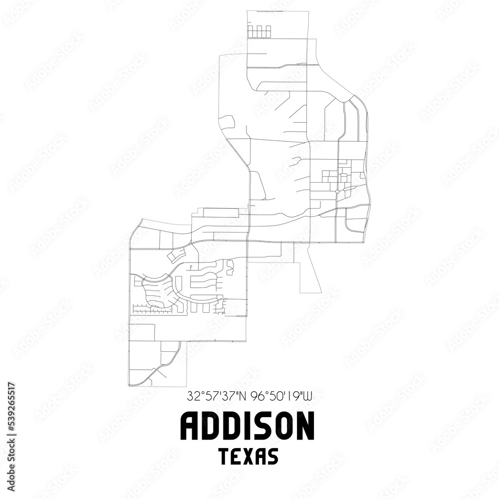 Addison Texas. US street map with black and white lines.