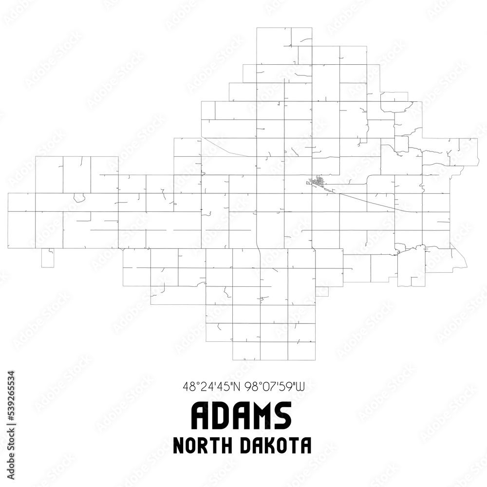 Adams North Dakota. US street map with black and white lines.